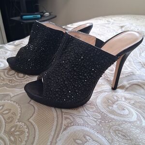 Black Crystal Embellished Open-Toe High Heel Mules